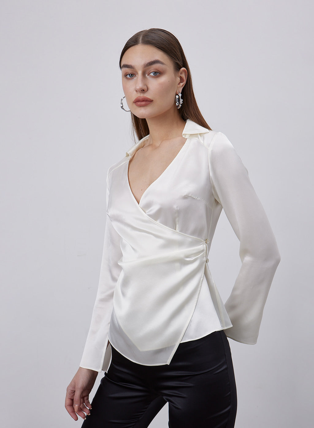Wide V-neck Silk Wrap Shirt image 0