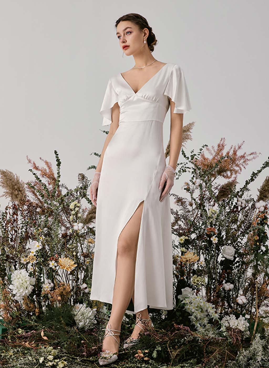 Ruffled V-Neck Silk Maxi Dress