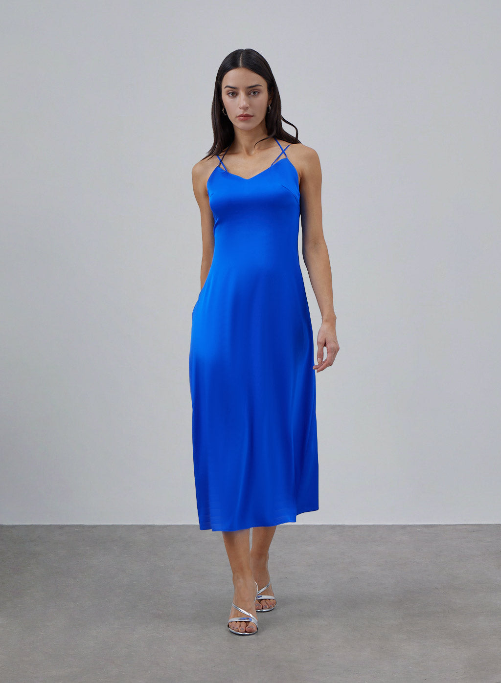 Halter Neck Cross Strap Silk Slip Dress