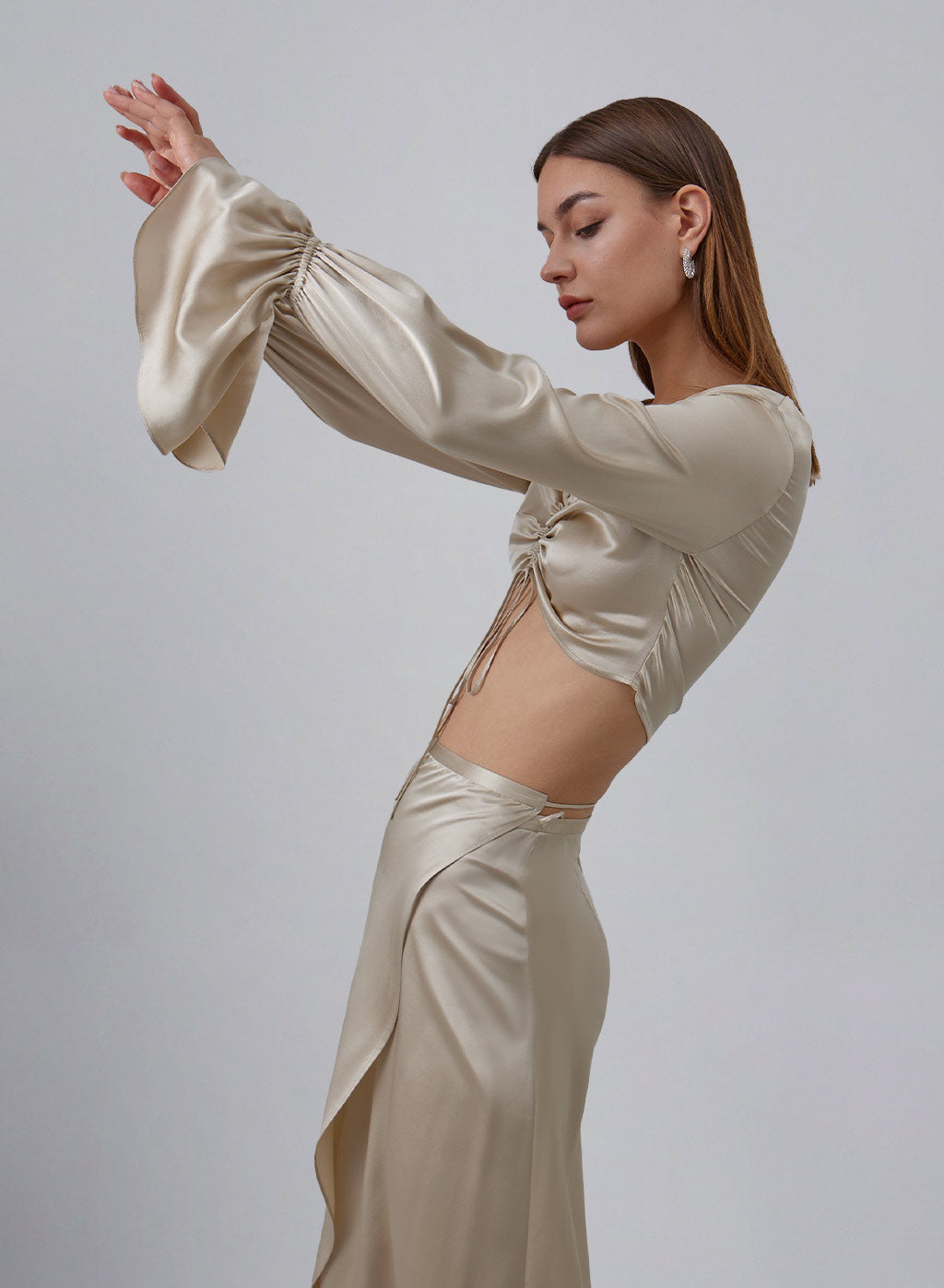 Ruched Front Long Sleeve Cropped Silk Top