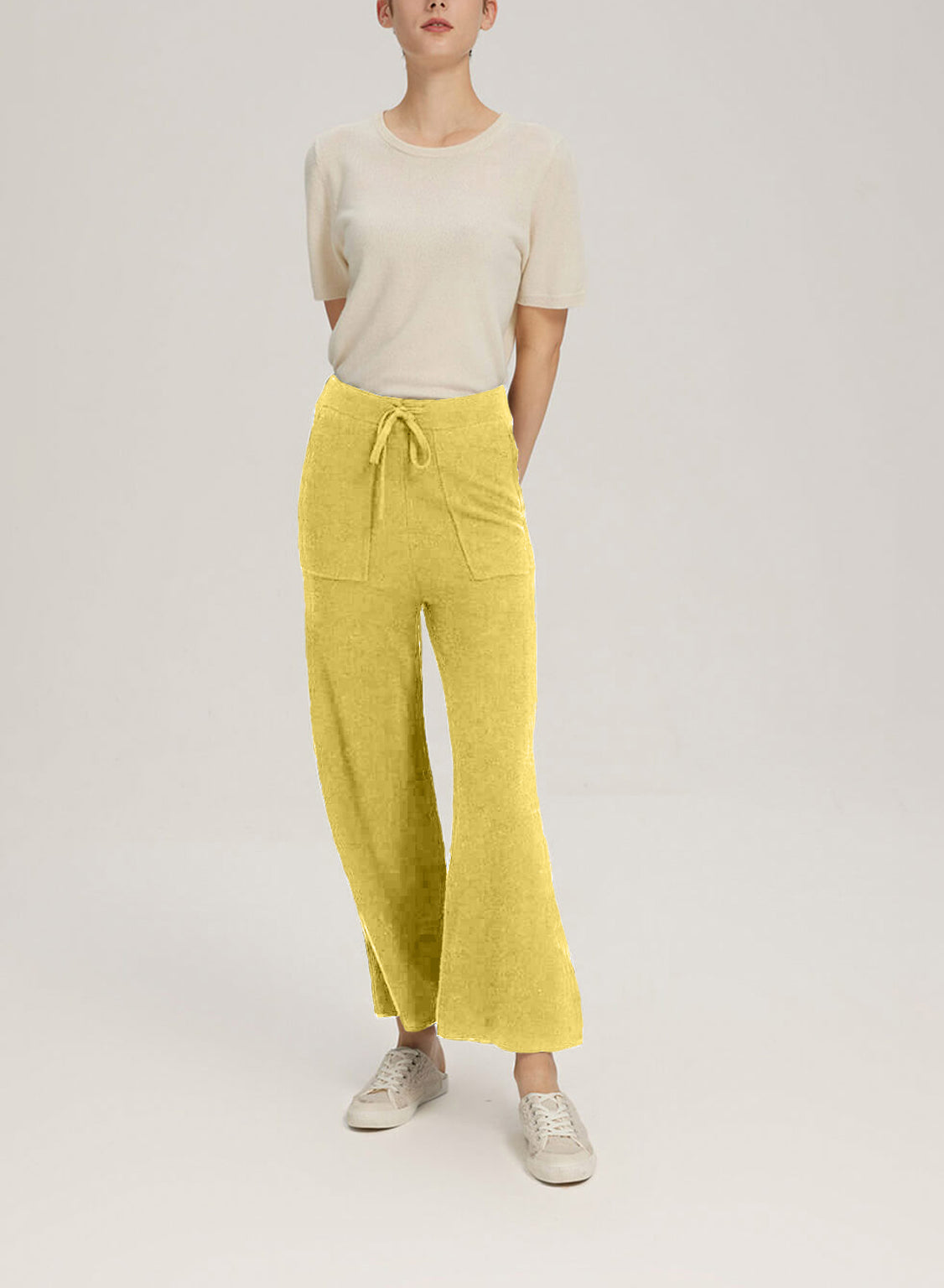 Wide-Leg Wool-Cashmere Trouser With Pocket - Yellow, M image