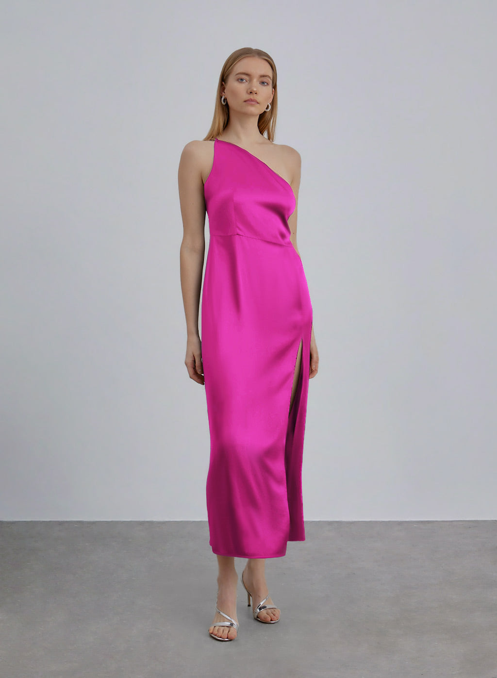 One Shoulder Side Slit Silk Dress