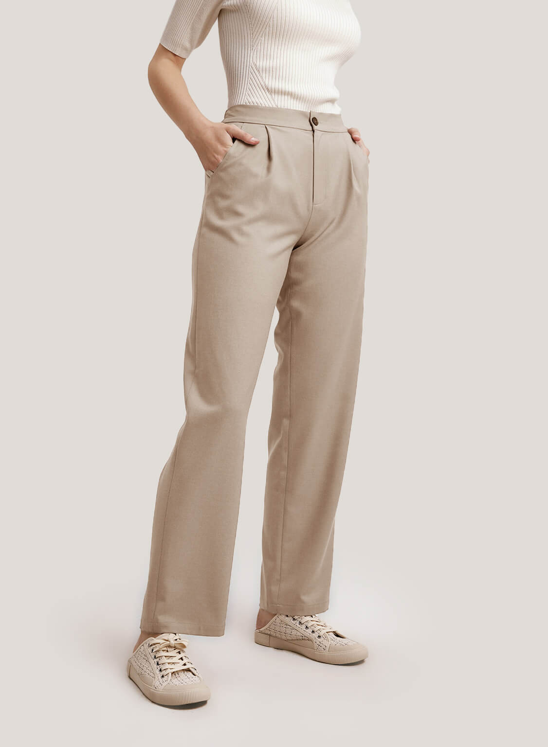 Pleated Wool-Blend Straight-Leg Pants