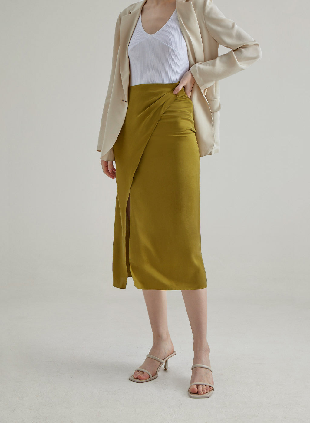 Fresh?Olive?Draped Silk?Skirt