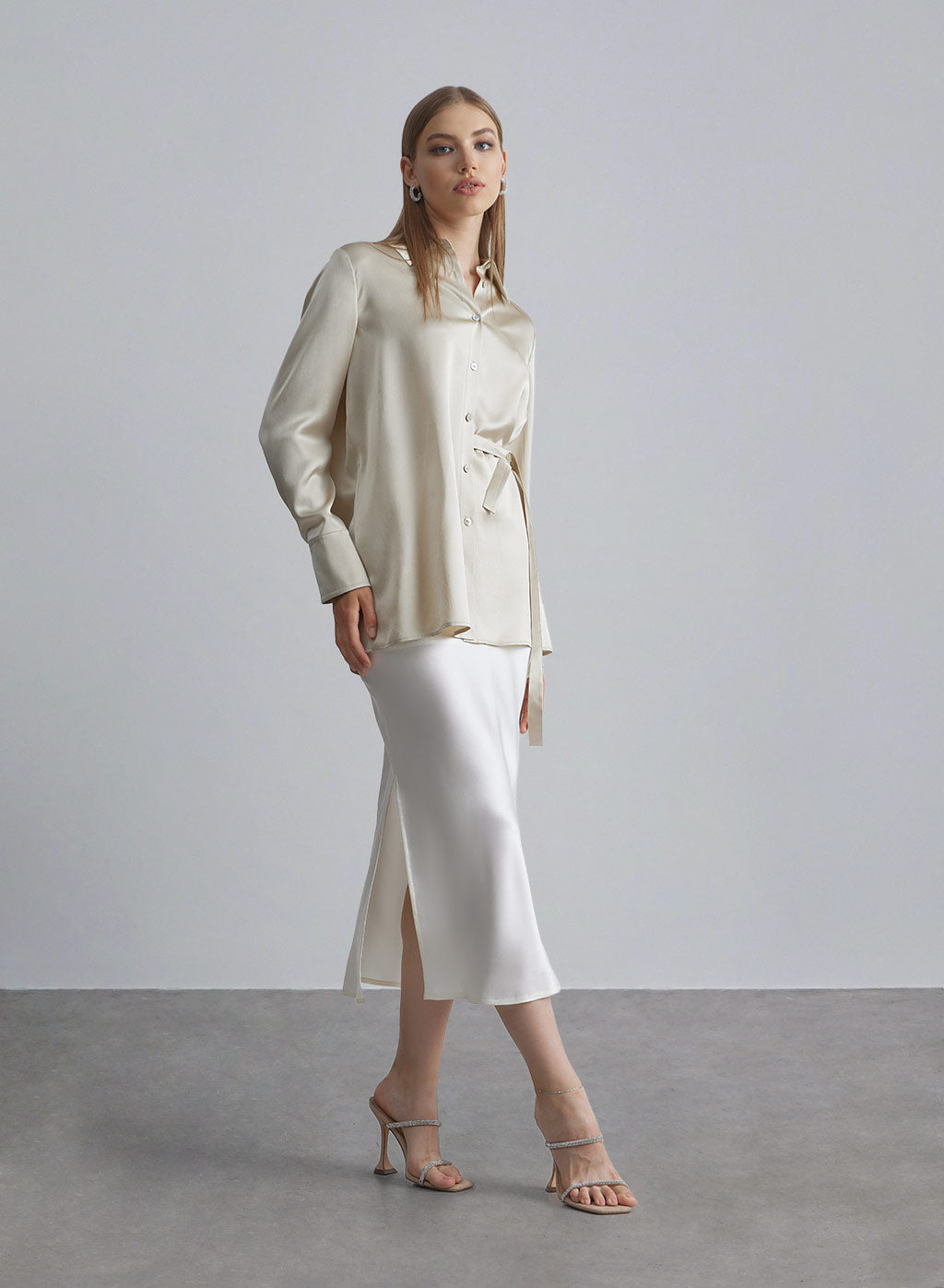Wide Waistband Decorative Button Silk Skirt - Ivory, S image