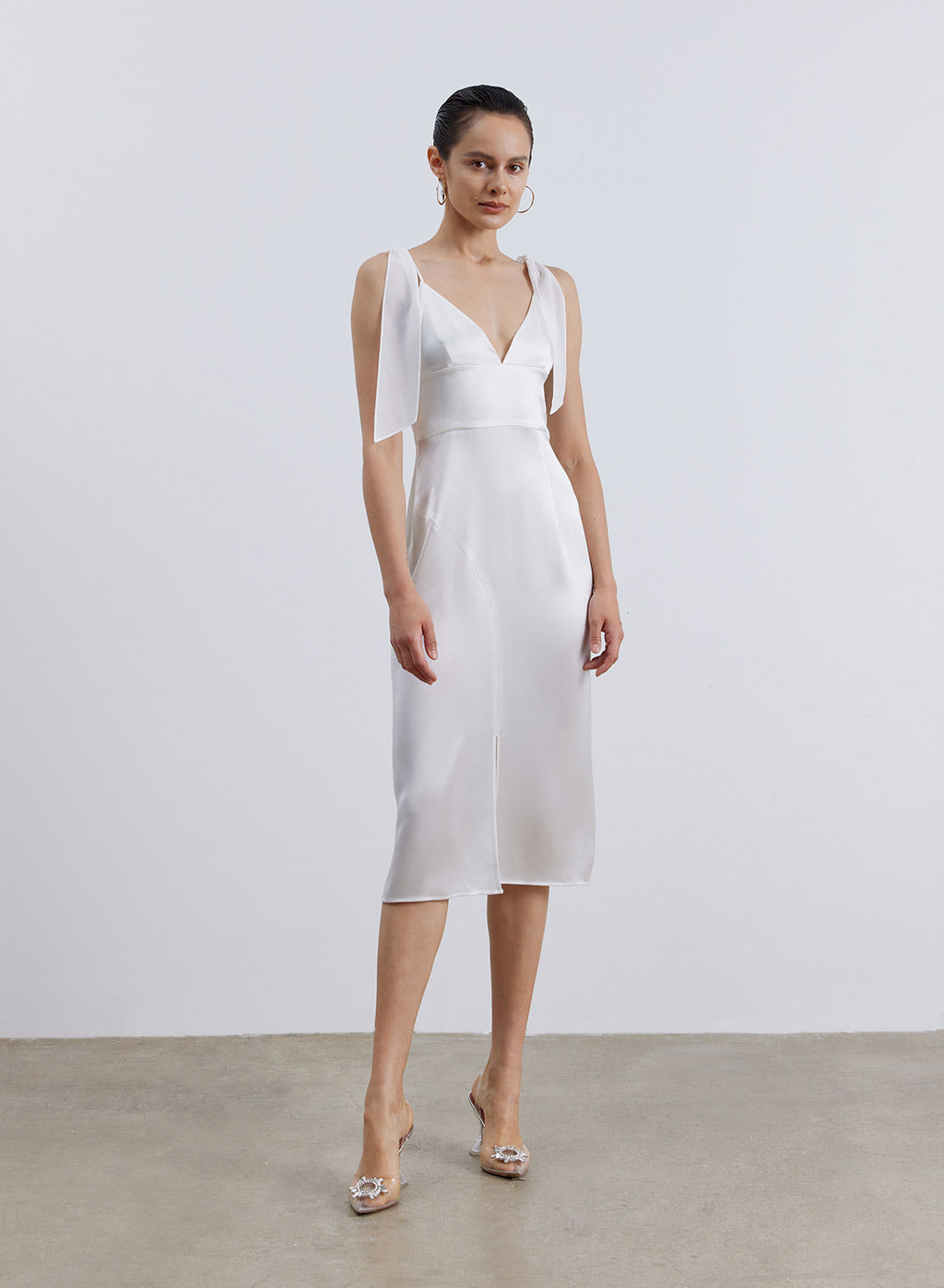 Bowknot Strap Satin Dress - Pearl White, S image