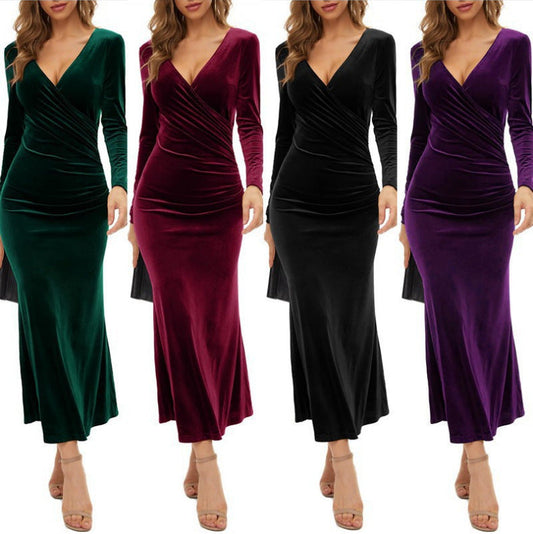 Velvet v-neck pleated hip skirt
