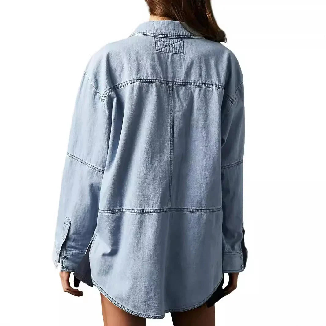 Women's Slim-Fit Denim Shacket (Shirt Jacket) - Lapel Long Sleeve Oversized Coat