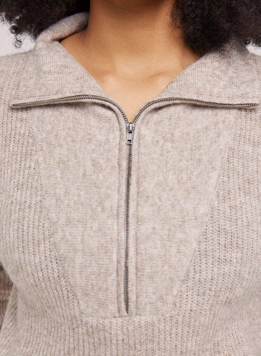 Zip High Neck Ribbed Sweater
