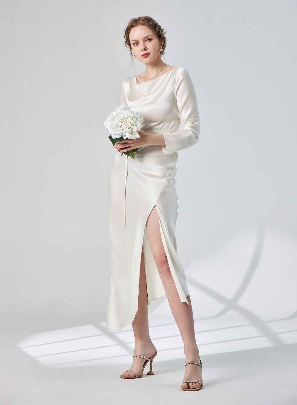 Classy Side Slit Long Sleeve Silk Dress