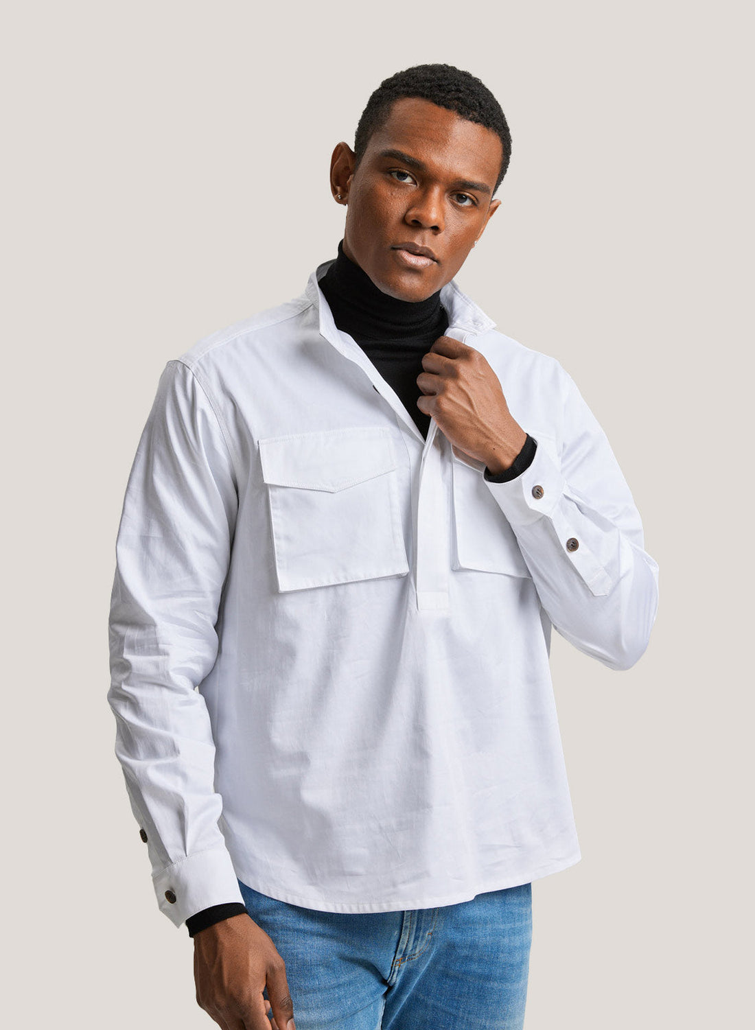 100% Cotton High Neck Utility Shirt in Off White by SILK MAISON
