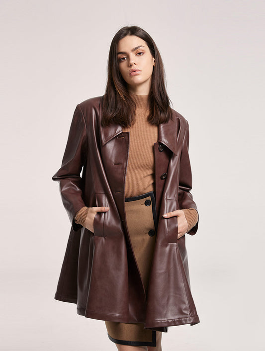 A-Line Buttoned Faux Leather Coat in Brown by SILK MAISON