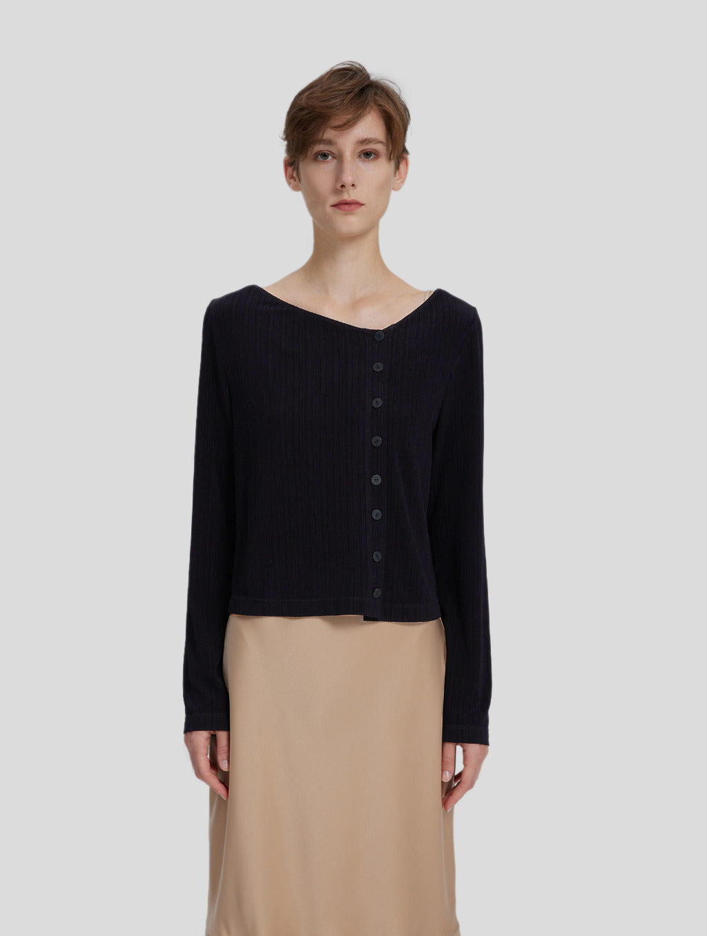 SILK MAISON Asymmetric Buttoned Top in black