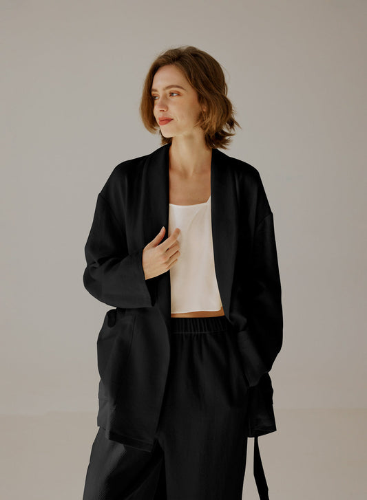 Belted Linen Blazer in Black by SILK MAISON