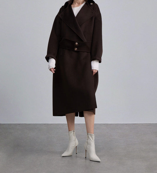 A-line Hem Belted Wool Coat in Chocolate by SILK MAISON
