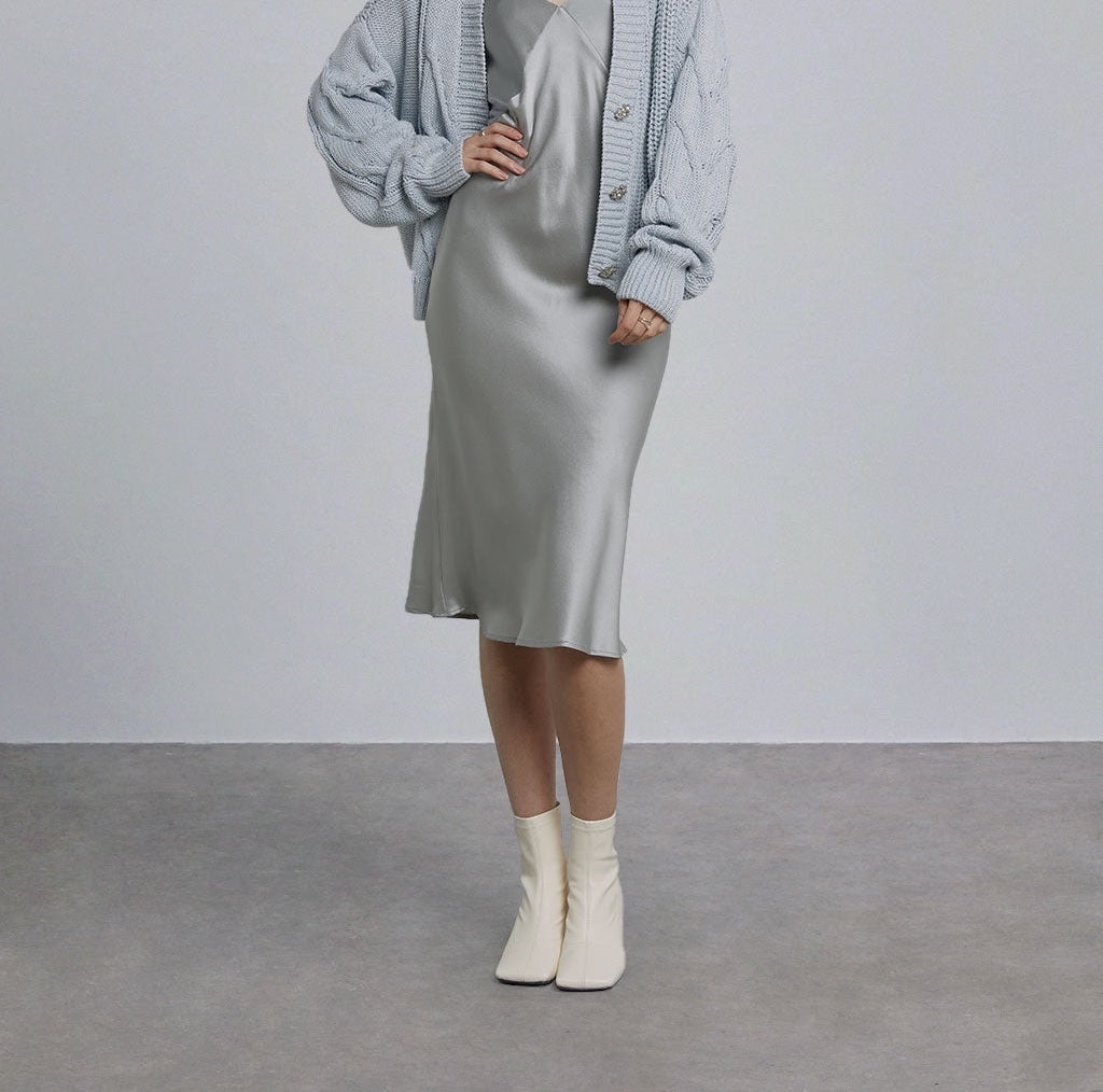 Asymmetric Knit Puff Sleeve Cardigan in Spindle by SILK MAISON