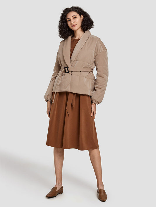 Belted Cotton Padded Jacket in Khaki by SILK MAISON