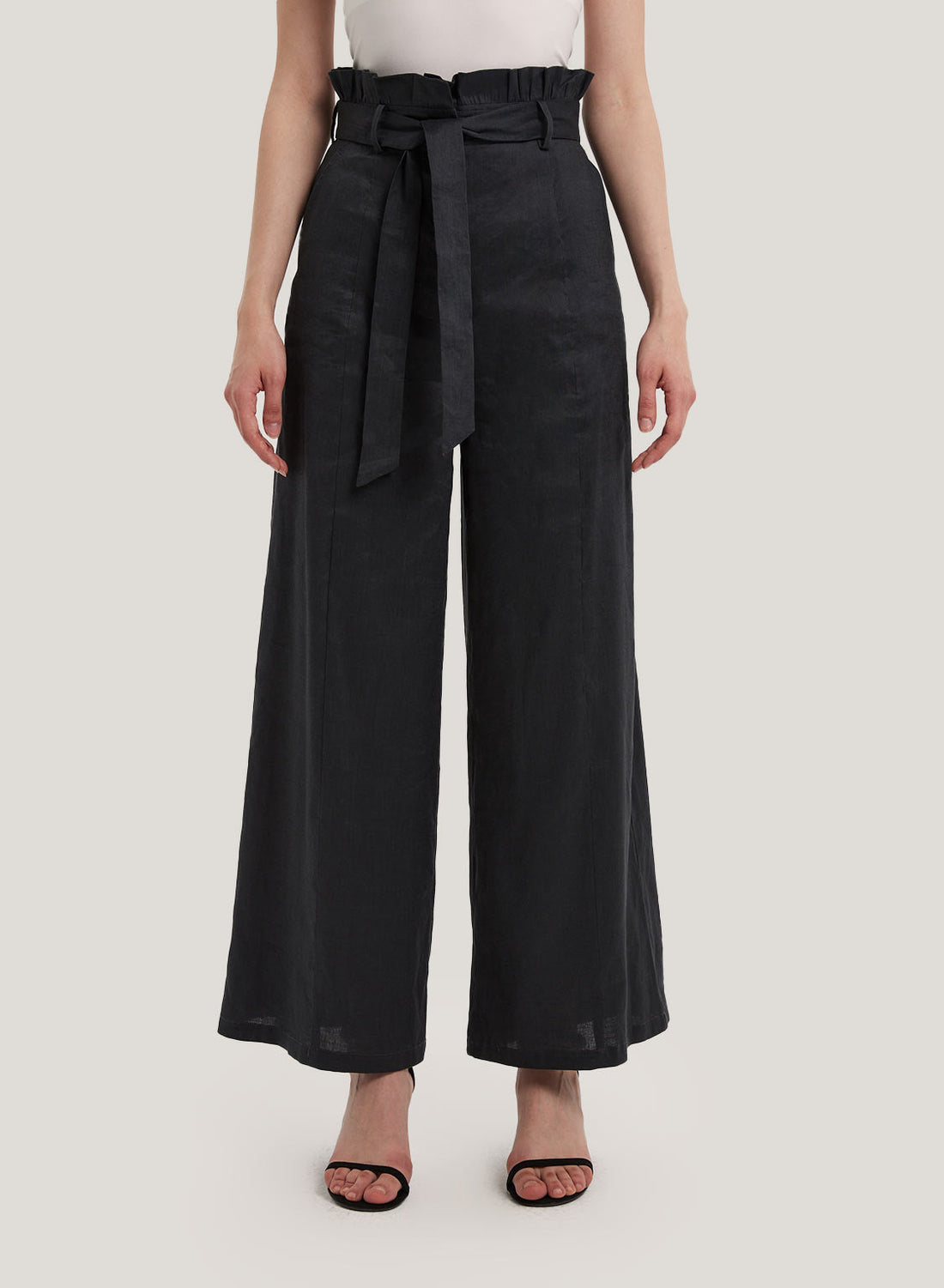 Belted Wide-Leg Linen Pants in Dark Grey by SILK MAISON