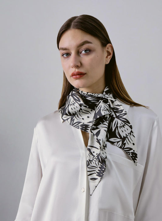 B&W Tropical Silk Opening Scarf by SILK MAISON