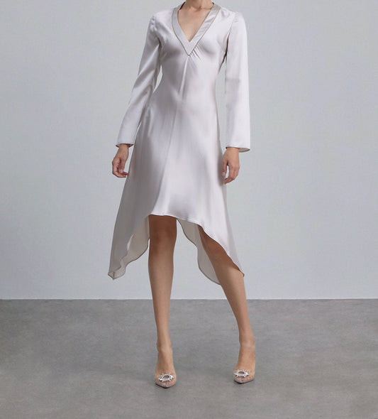 Champagne Plunge Neckline V-hem Silk Dress by SILK MAISON