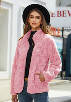 Stand-up Collar Plush Jacket Winter Long-sleeved Loose Zipper Cardigan Fashion Solid Color Checkerboard Design Coat Women Outwear image 3