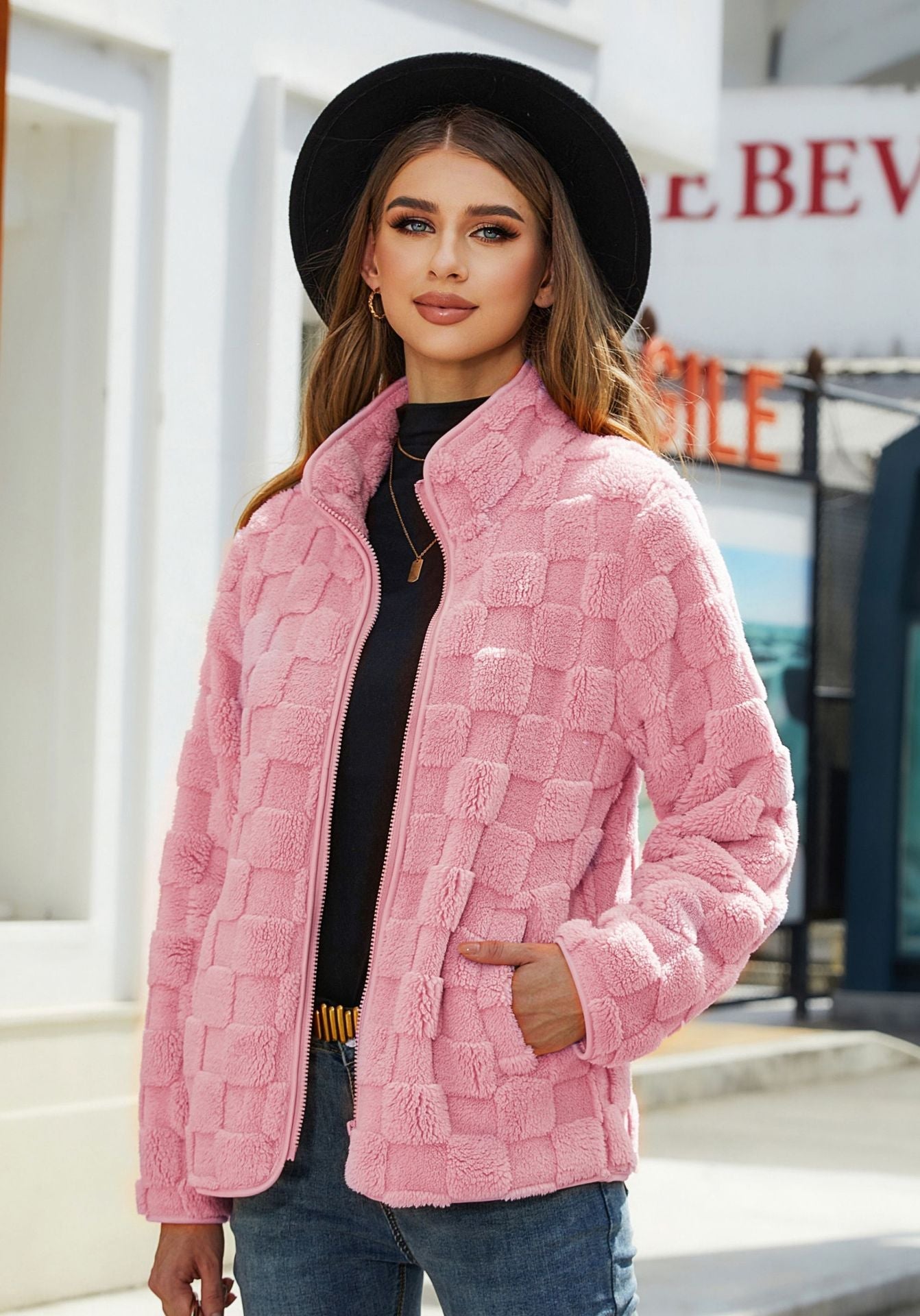 Stand-up Collar Plush Jacket Winter Long-sleeved Loose Zipper Cardigan Fashion Solid Color Checkerboard Design Coat Women Outwear image 3