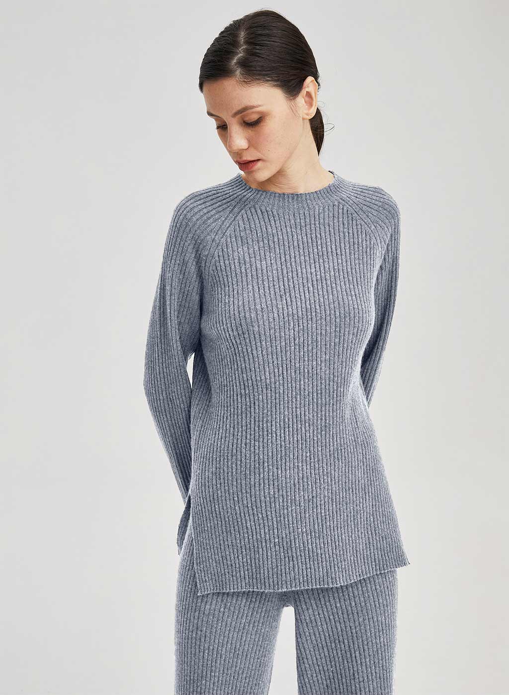 Cashmere Rib-Knit Crew Neck Pullover