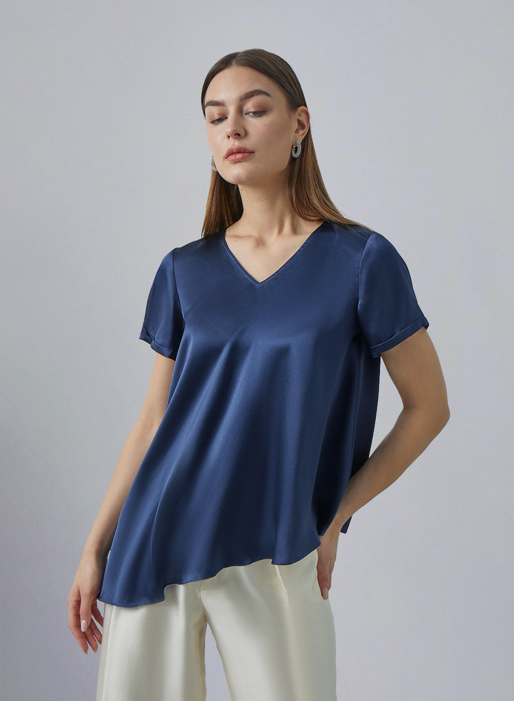 V-neck Asymmetrical Hem Silk Top image 0