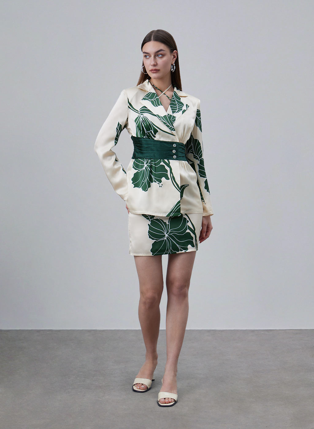 Printed Waist Cinched Silk Blazer image 0