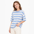 Crew neck striped short-sleeved knitted sweater