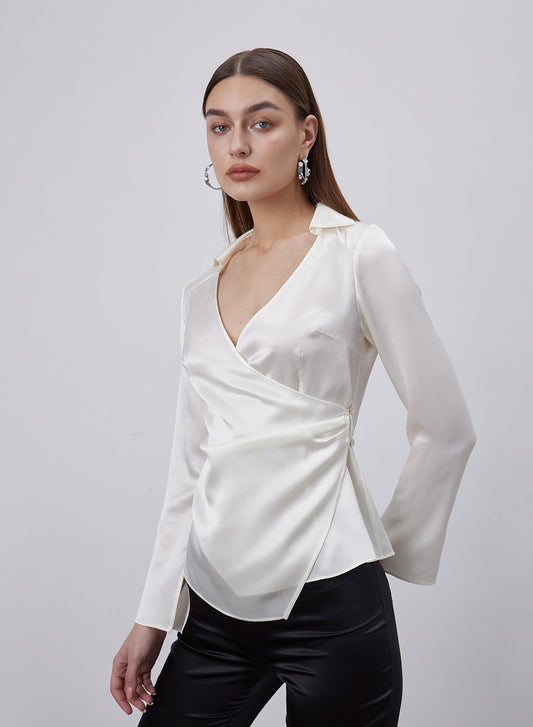 Wide V-neck Silk Wrap Shirt image 0