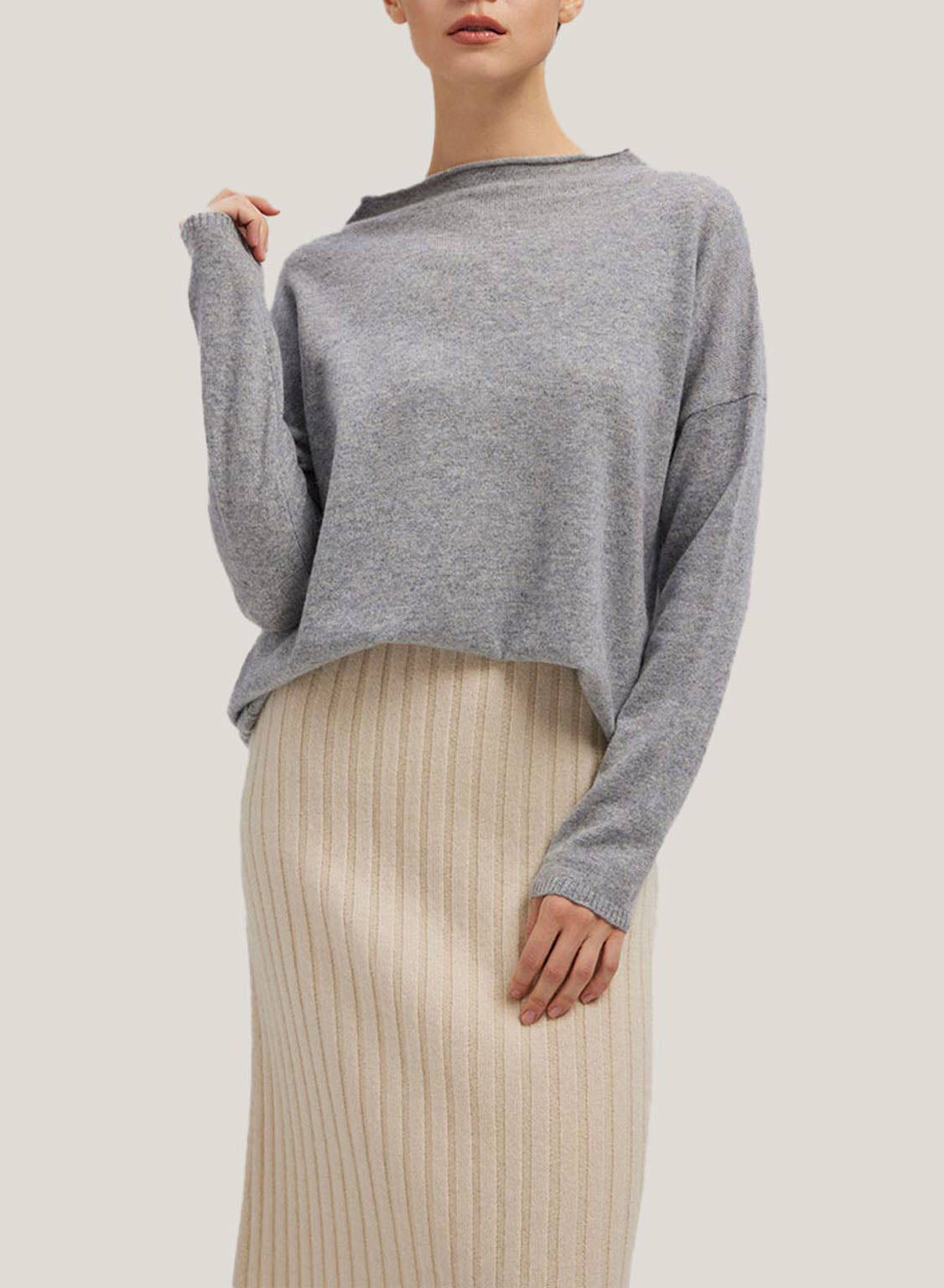 Oversize Funnel Pure Cashmere Sweater - Grey, L image