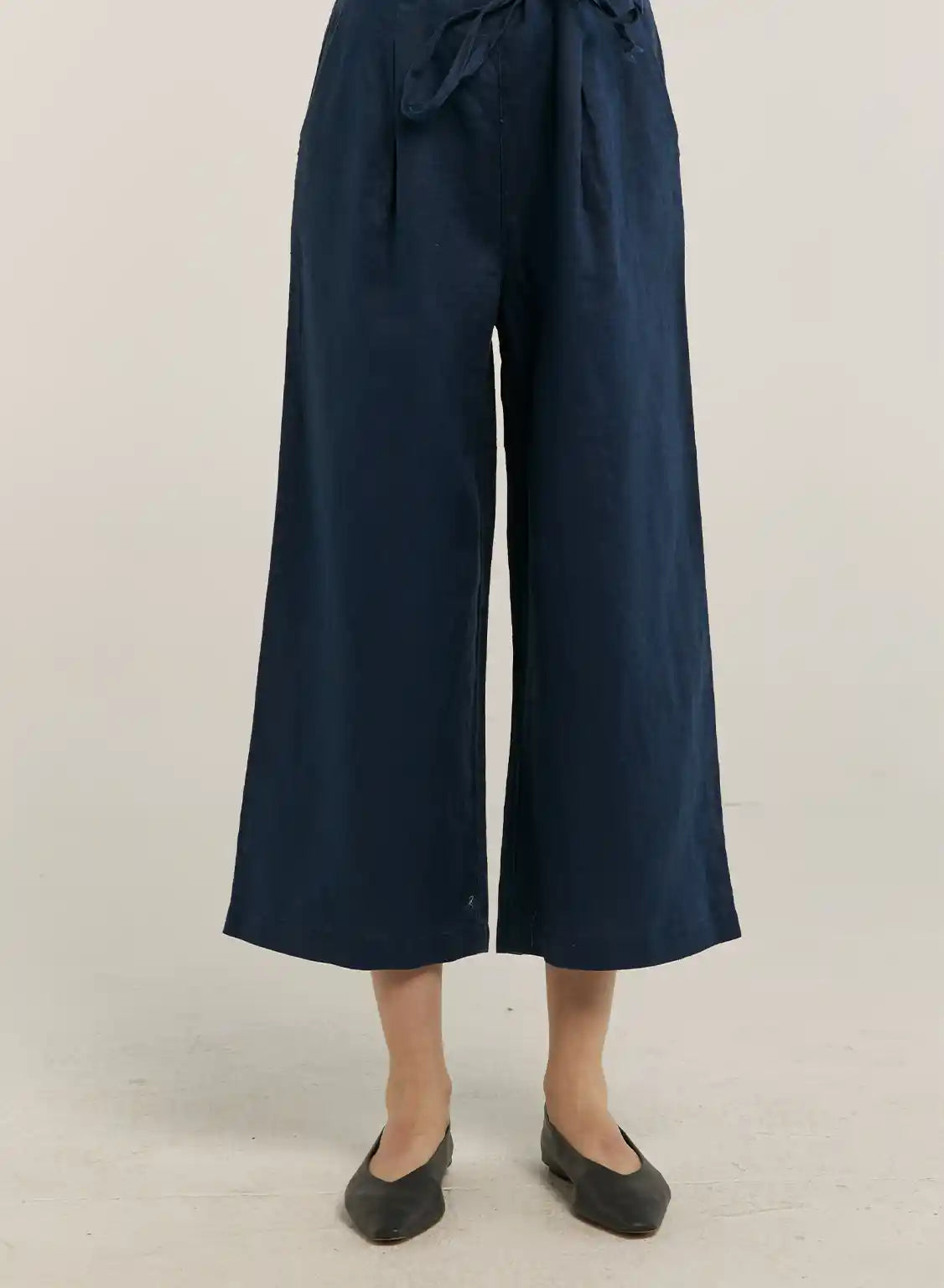 100% Linen Cropped Drawstring-Detail Wide Pants - Seabed Blue, XXL image