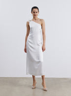 Knotted Diagonal Shoulder Satin Dress - Pearl White, XS image