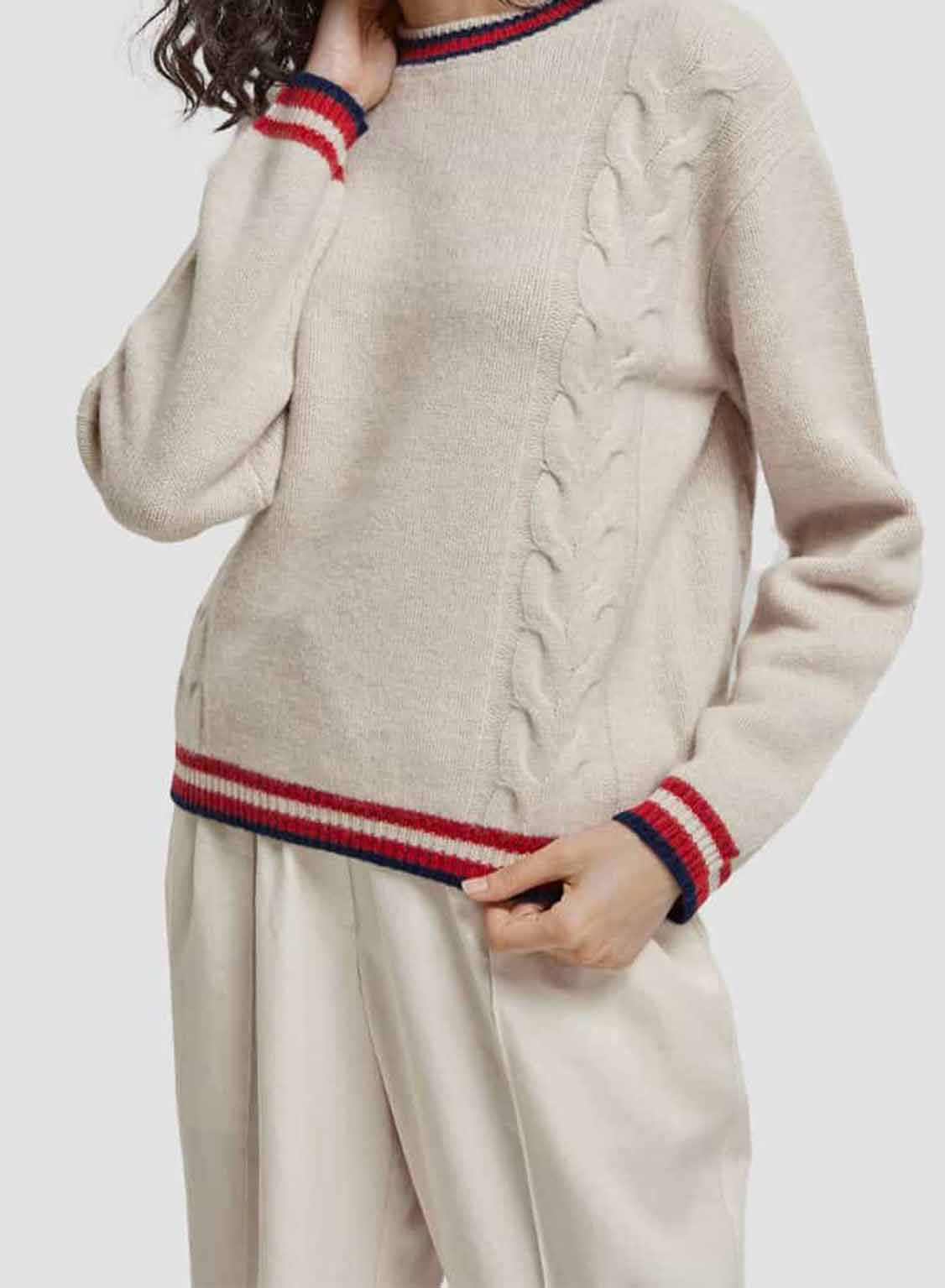Stripe-Trimmed Yak-Wool Blend Cable Sweater