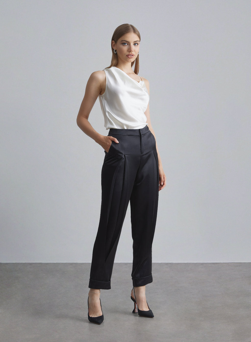 Classic Cuffed Satin Pants - Midnight Black, XS image