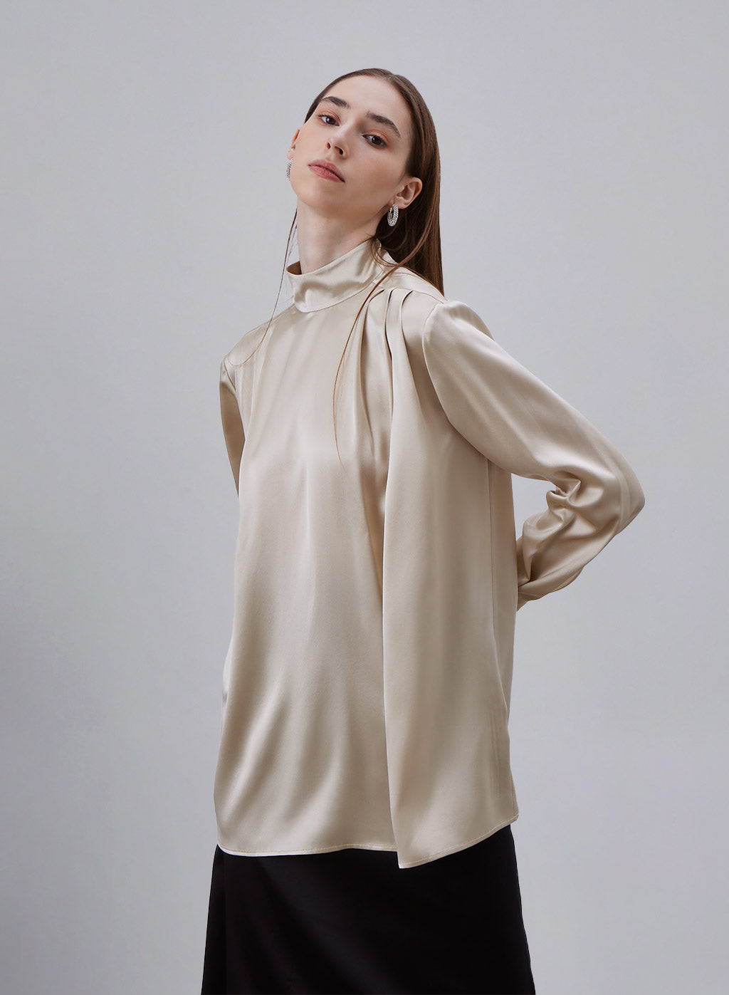 Gathered Shoulder Mock Neck Silk Blouse image 0