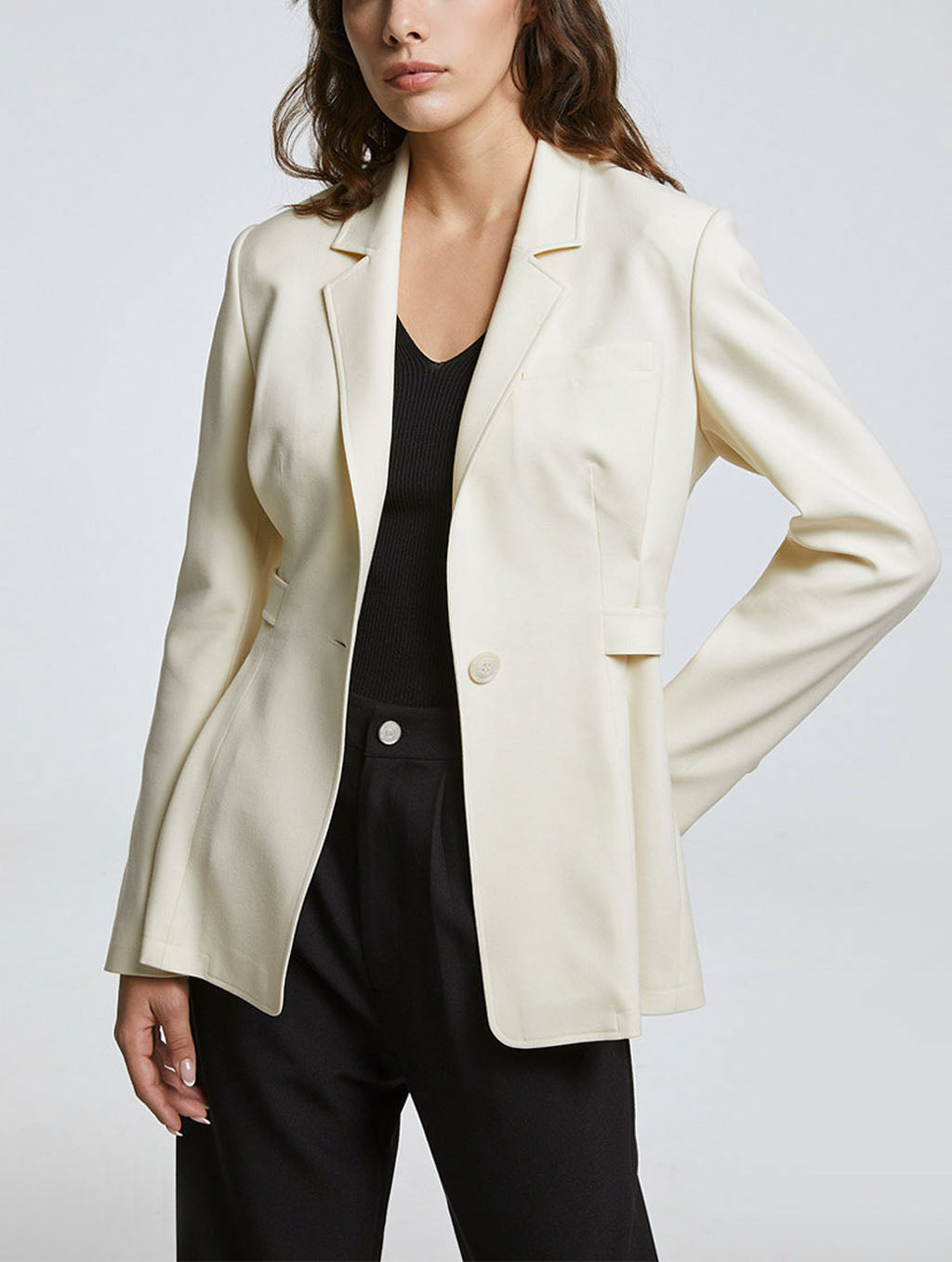 Gathered Waist Notched Lapel Blazer - Cream, L image