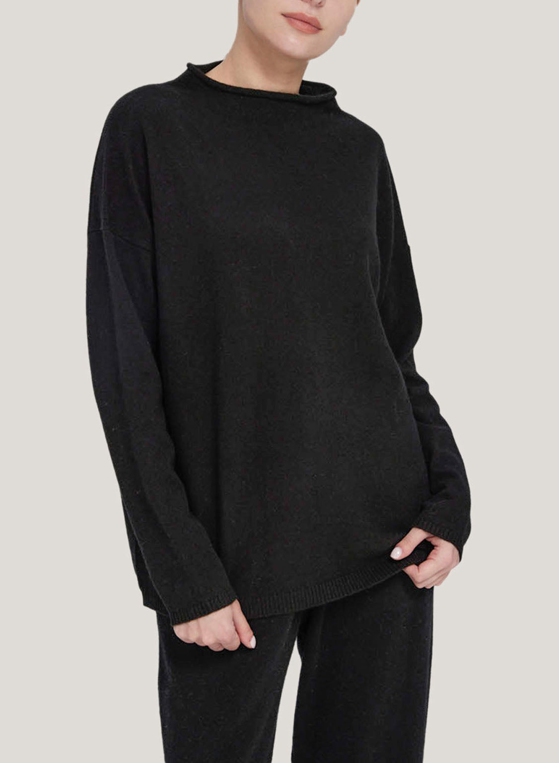 Oversize Funnel Pure Cashmere Sweater - Black, S image
