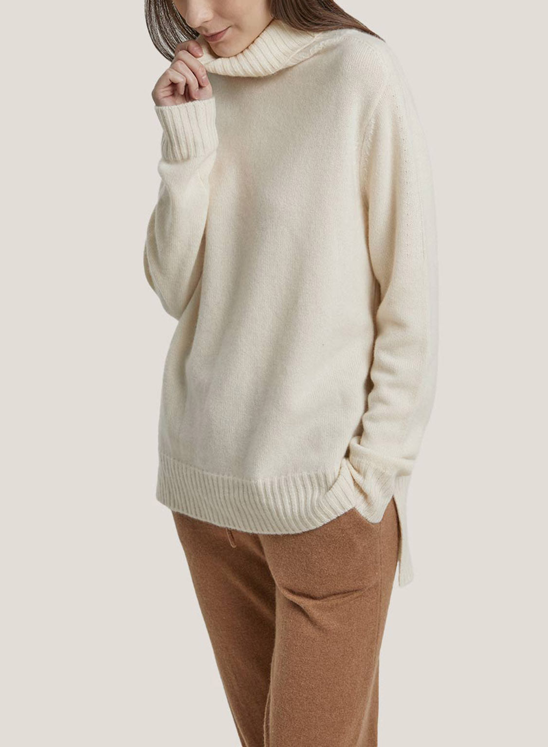 Funnel Neck Undyed Pure Cashmere Sweater - Ivory, S image