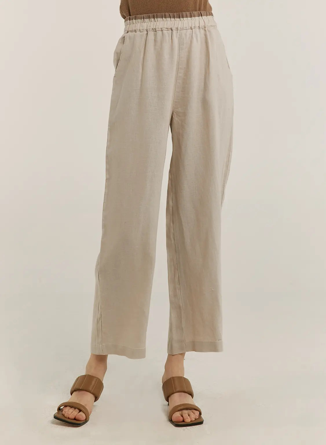 100% Linen Contrast Waist Straight Pants - Butter Cream, L image