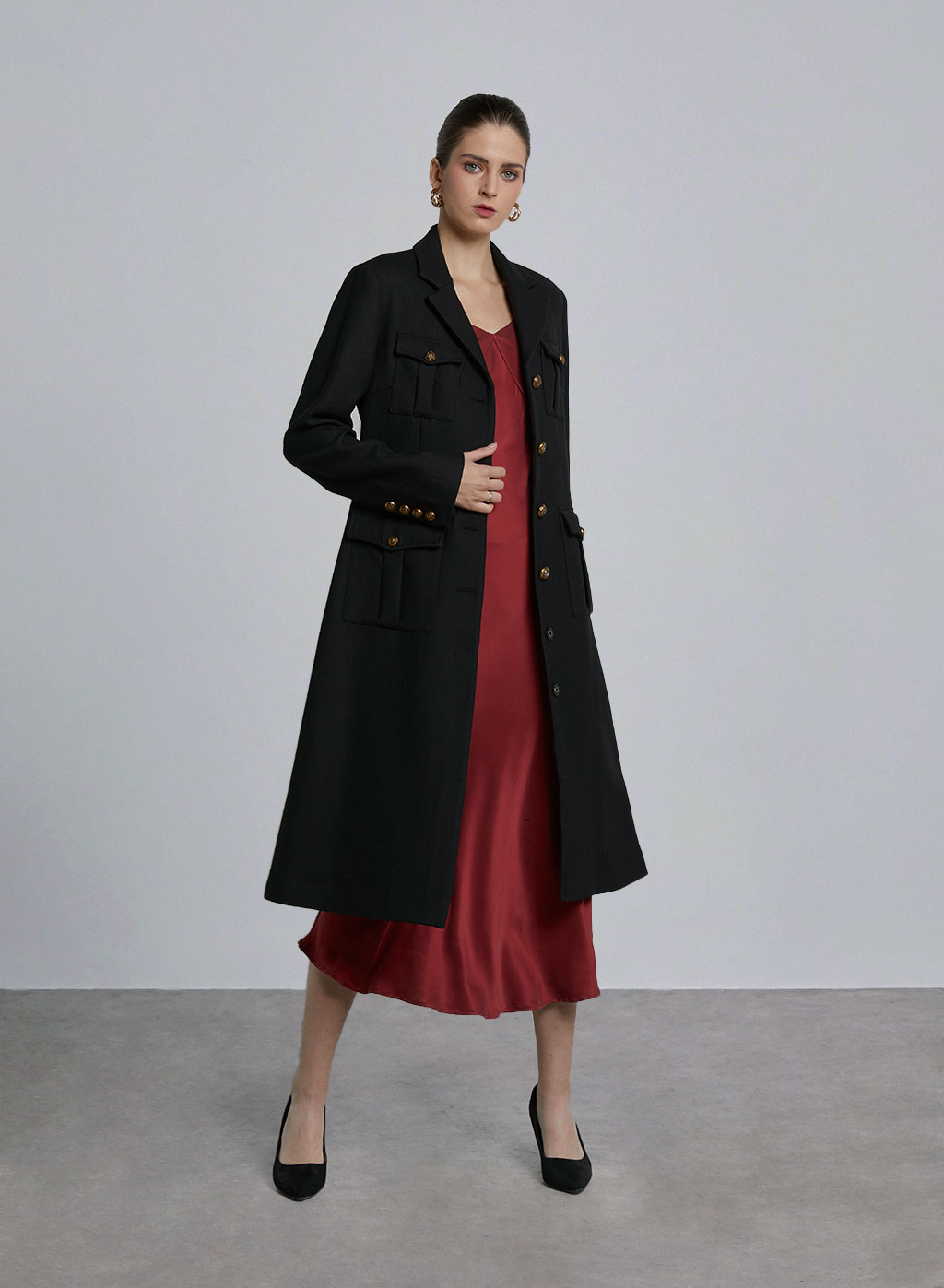 Tailored A-line Pocket Wool Coat - Black, S image