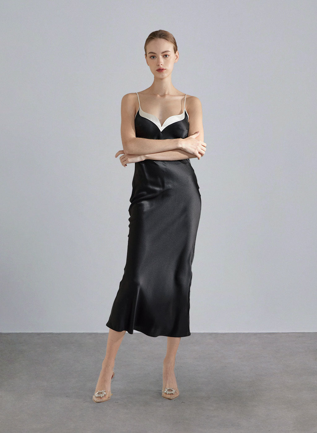 Paneled Ballernia Neckline Silk Slip Dress - Midnight Black, S image