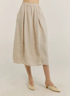 100% Linen Elastic Waist Midi Skirt - Butter Cream, OS image