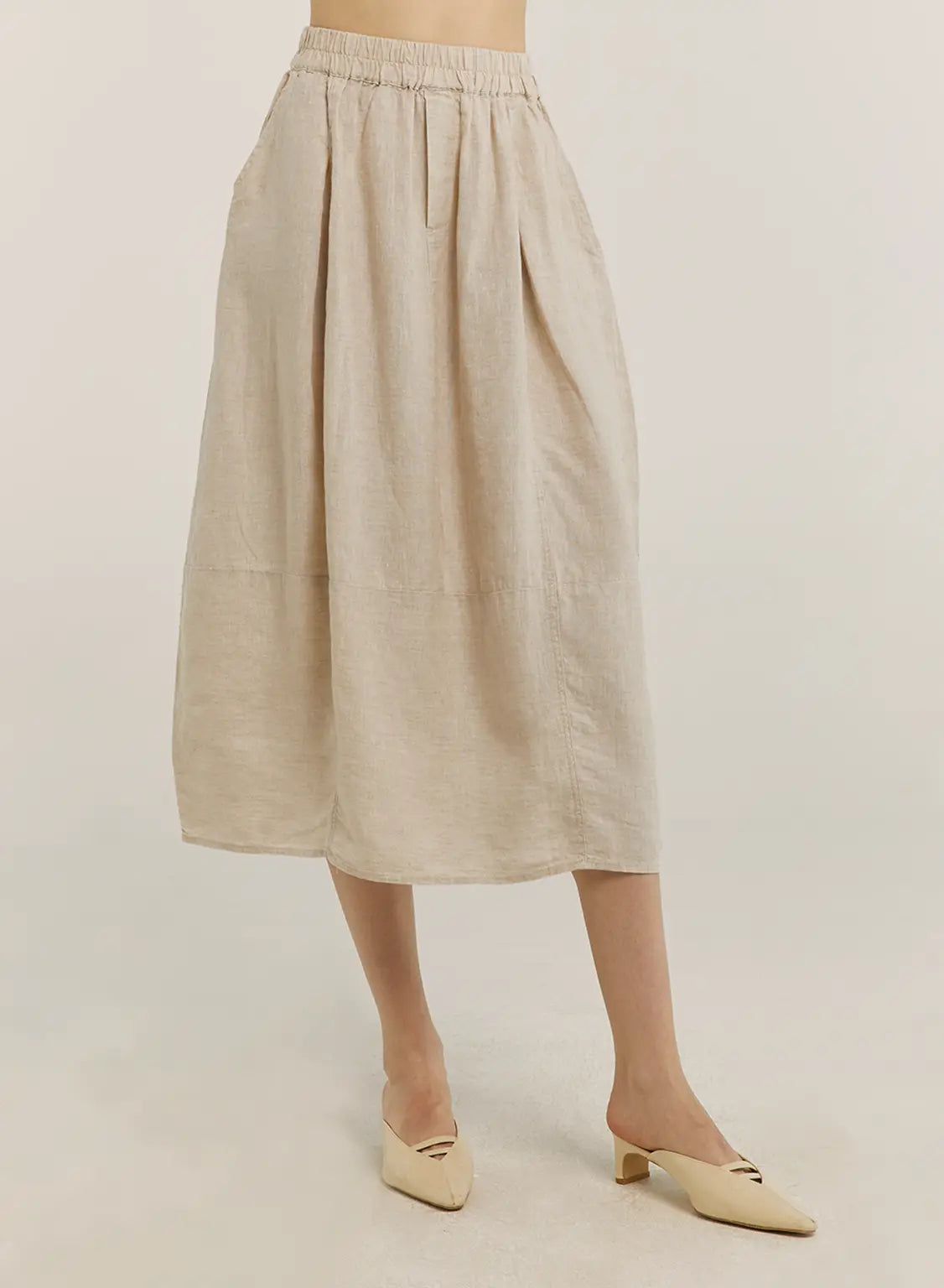 100% Linen Elastic Waist Midi Skirt - Butter Cream, OS image
