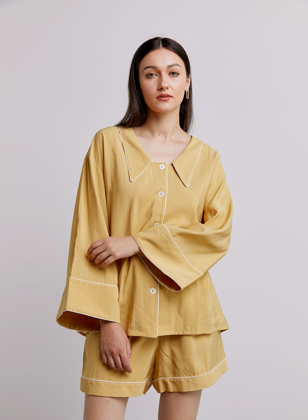 Statement Collar Pajama Shirt - Lemon Yellow, S image