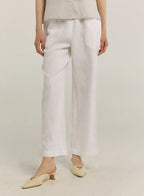 100% Linen Contrast Waist Straight Pants - White, XXL image