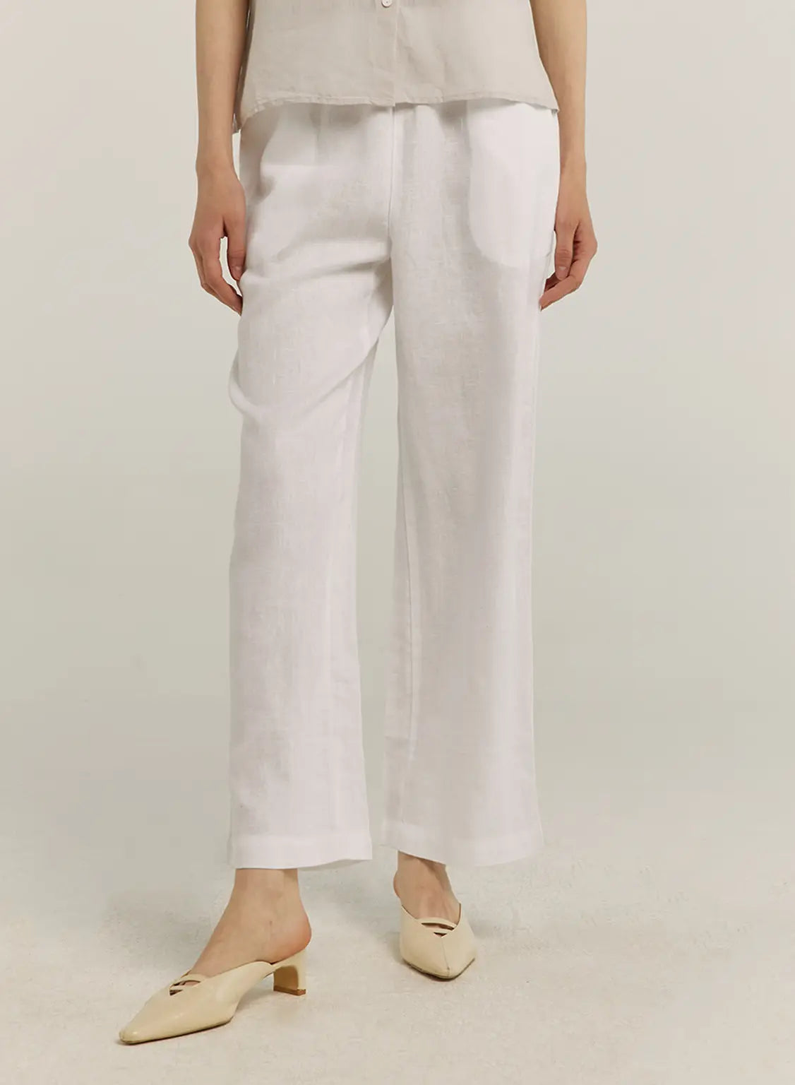 100% Linen Contrast Waist Straight Pants - White, XXL image