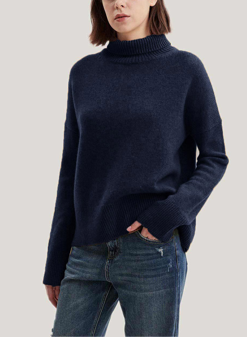 Roll-Neck Pure Cashmere Pullover Sweater - Denim, M image