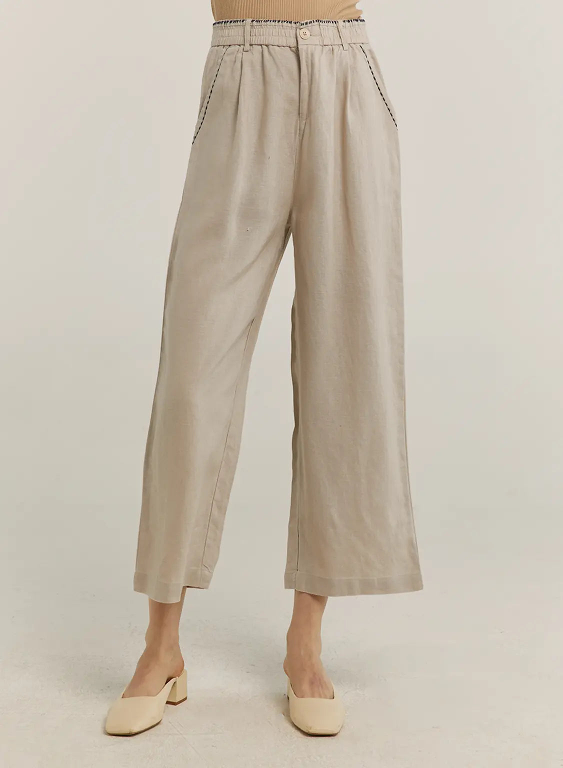 100% Linen Contrast Line Wide-Leg Pants - Butter Cream, M image